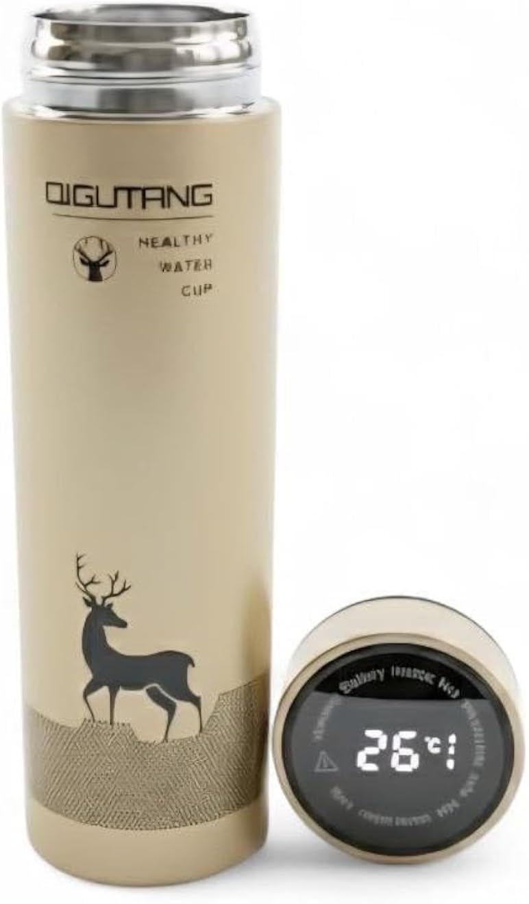 كوب حراري ذكي مزود بشاشة عرض درجة حرارة LED، تصميم أنيق على شكل غزال، يحافظ على المشروبات الساخنة والباردة، لون أسود وأبيض، زجاجة سائلة (ذهبية)